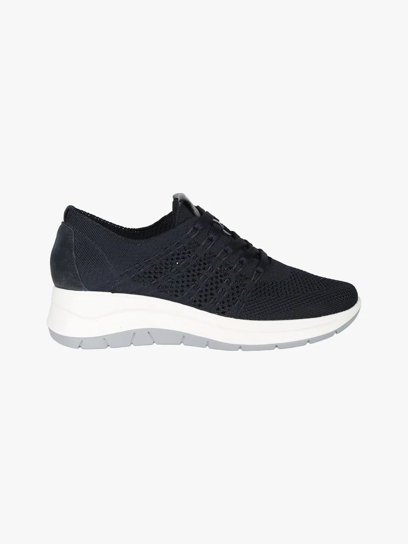 Sneakers donna in maglia con plantare in pelle e zeppa - blu scuro