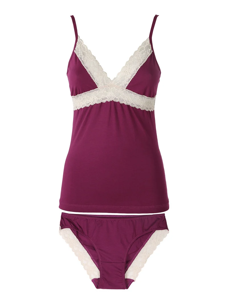 Coordinato intimo donna con ricami in pizzo - porpora
