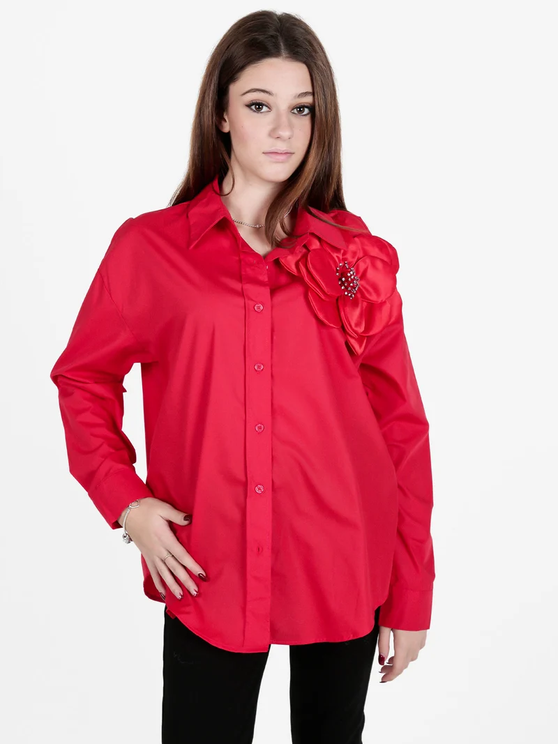 Camicia donna oversize con fiore gioiello applicato - rosso