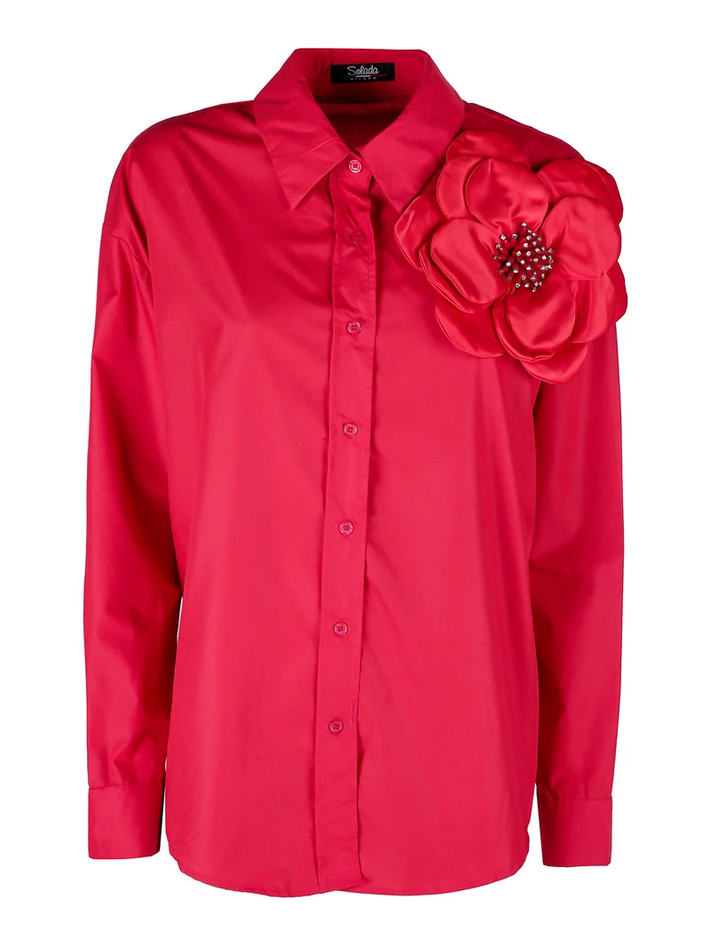 Camicia donna oversize con fiore gioiello applicato - rosso