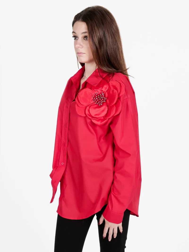Camicia donna oversize con fiore gioiello applicato - rosso