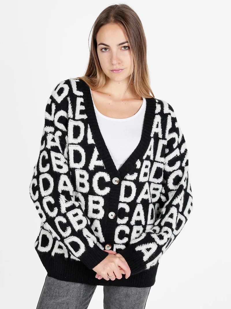 Cardigan donna oversize in maglia con stampe - nero