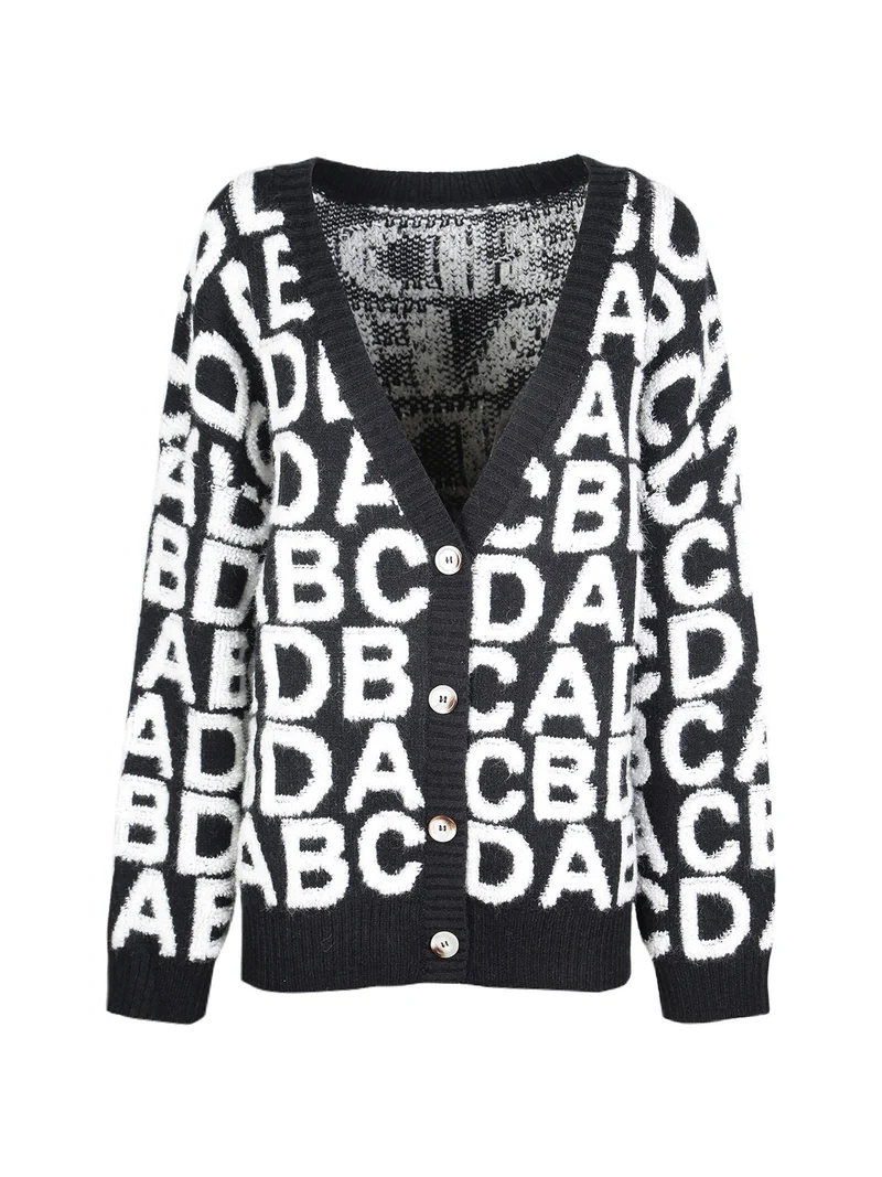 Cardigan donna oversize in maglia con stampe - nero