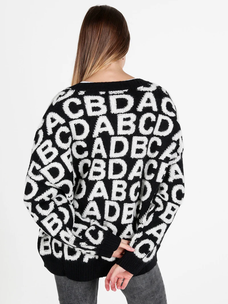 Cardigan donna oversize in maglia con stampe - nero