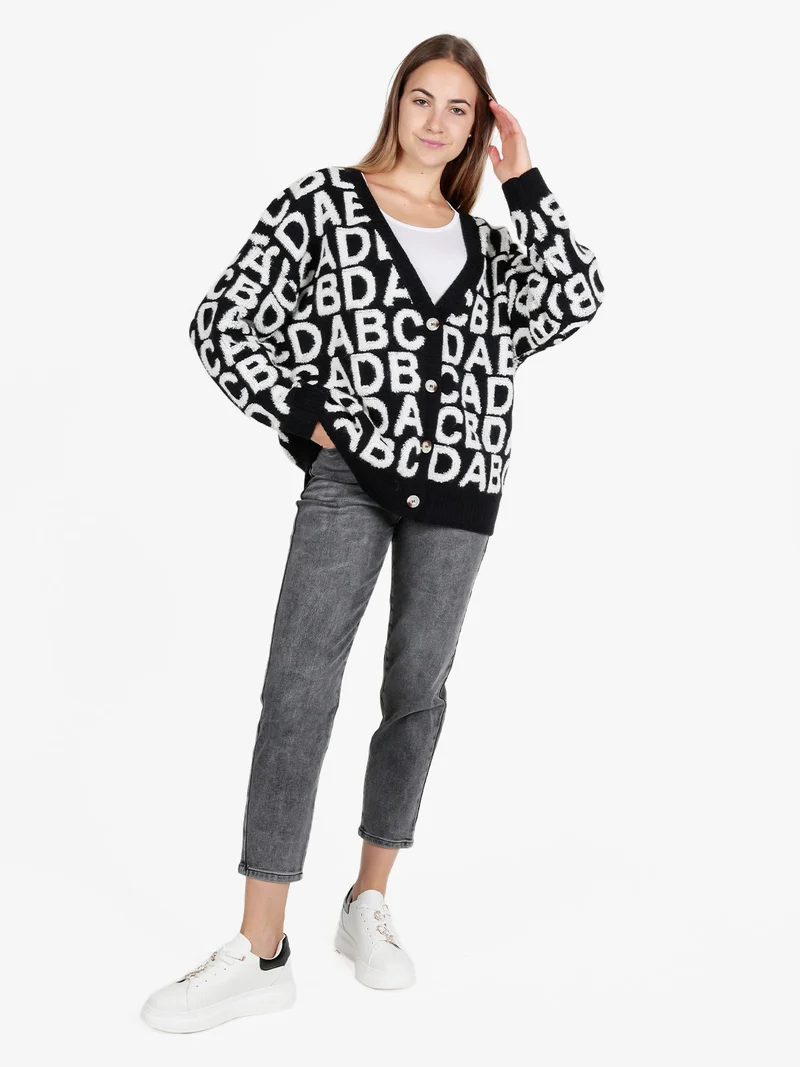 Cardigan donna oversize in maglia con stampe - nero