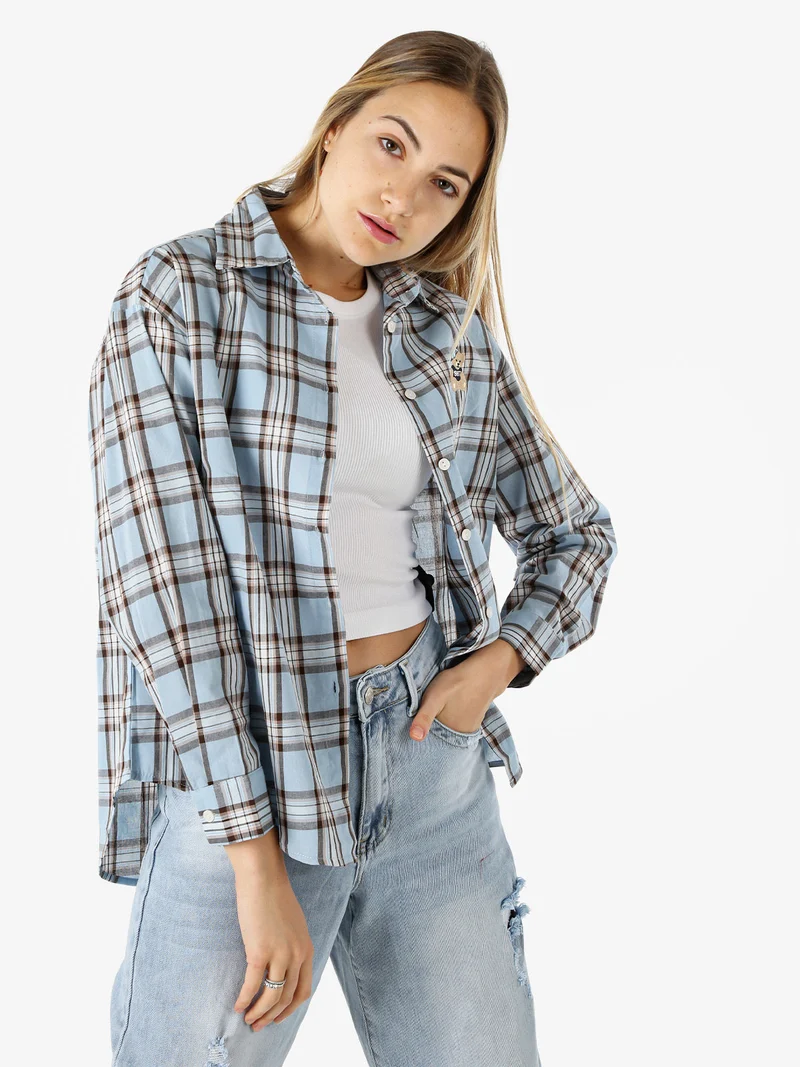 Camicia in cotone da donna a quadri con maniche lunghe - azzurro