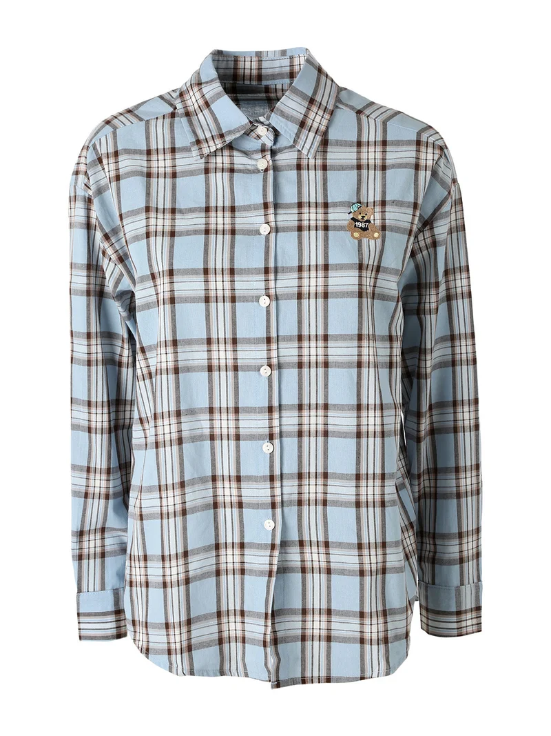 Camicia in cotone da donna a quadri con maniche lunghe - azzurro