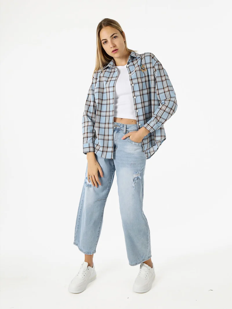 Camicia in cotone da donna a quadri con maniche lunghe - azzurro