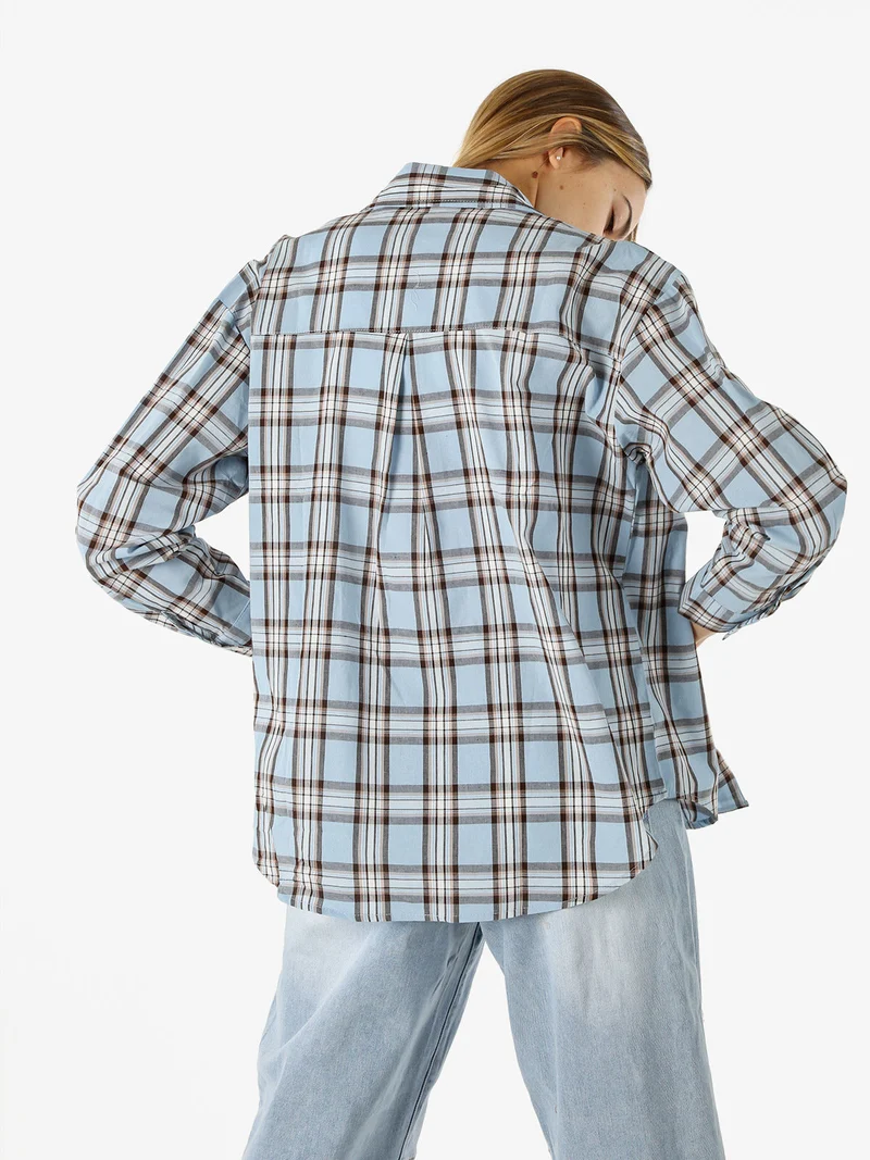 Camicia in cotone da donna a quadri con maniche lunghe - azzurro