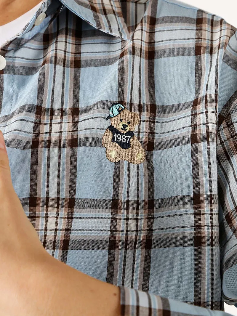 Camicia in cotone da donna a quadri con maniche lunghe - azzurro