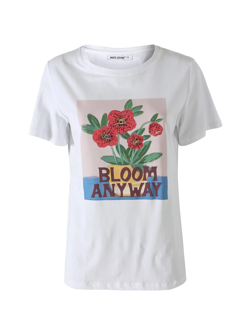 T-shirt da donna in cotone con stampa fiori e strass - rosso