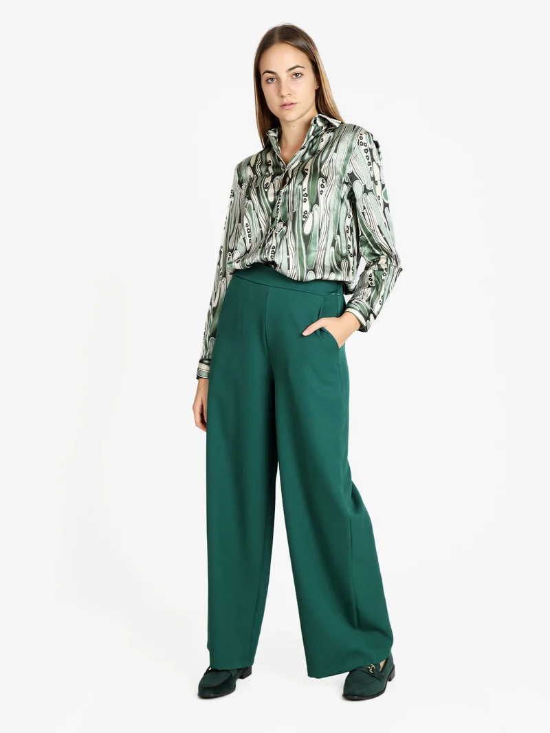 Pantaloni donna ampi a vita alta - verde