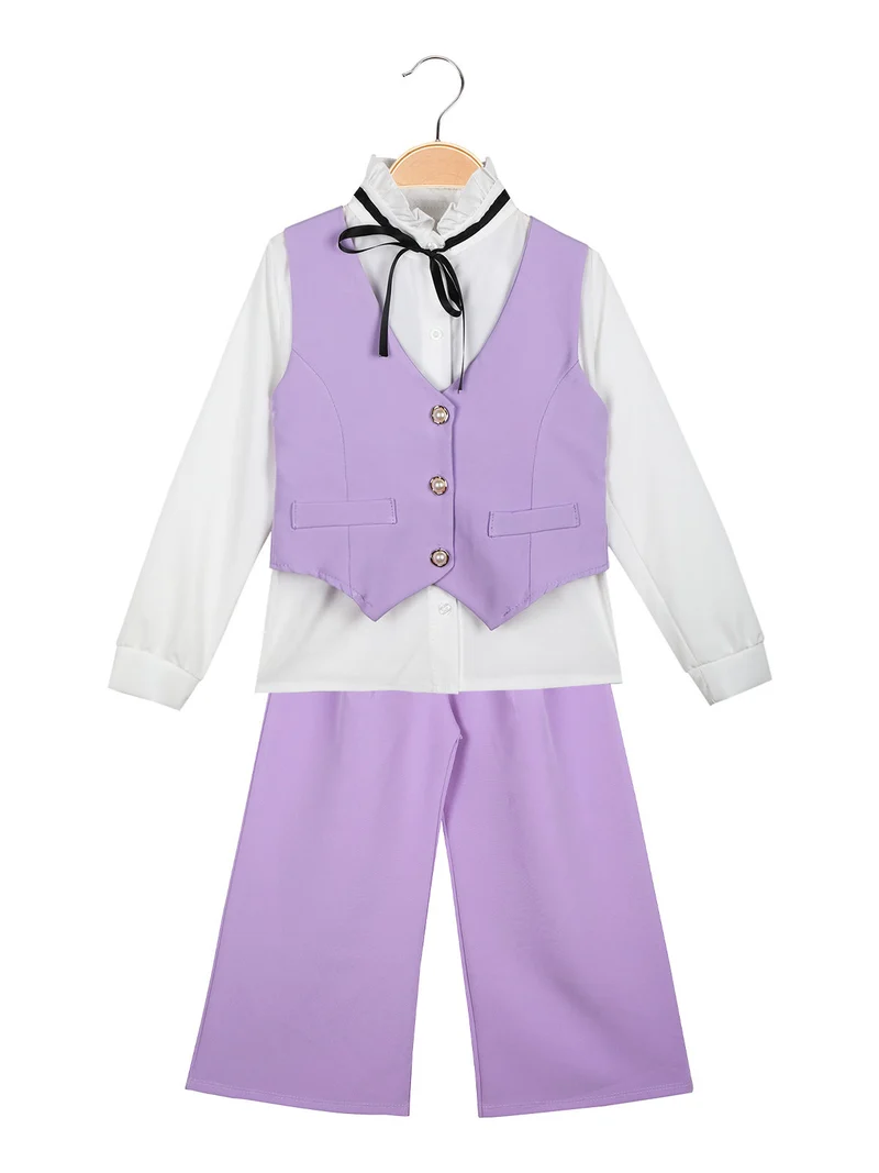 Completo elegante da bambina con camicia + gilet e pantaloni - lilla