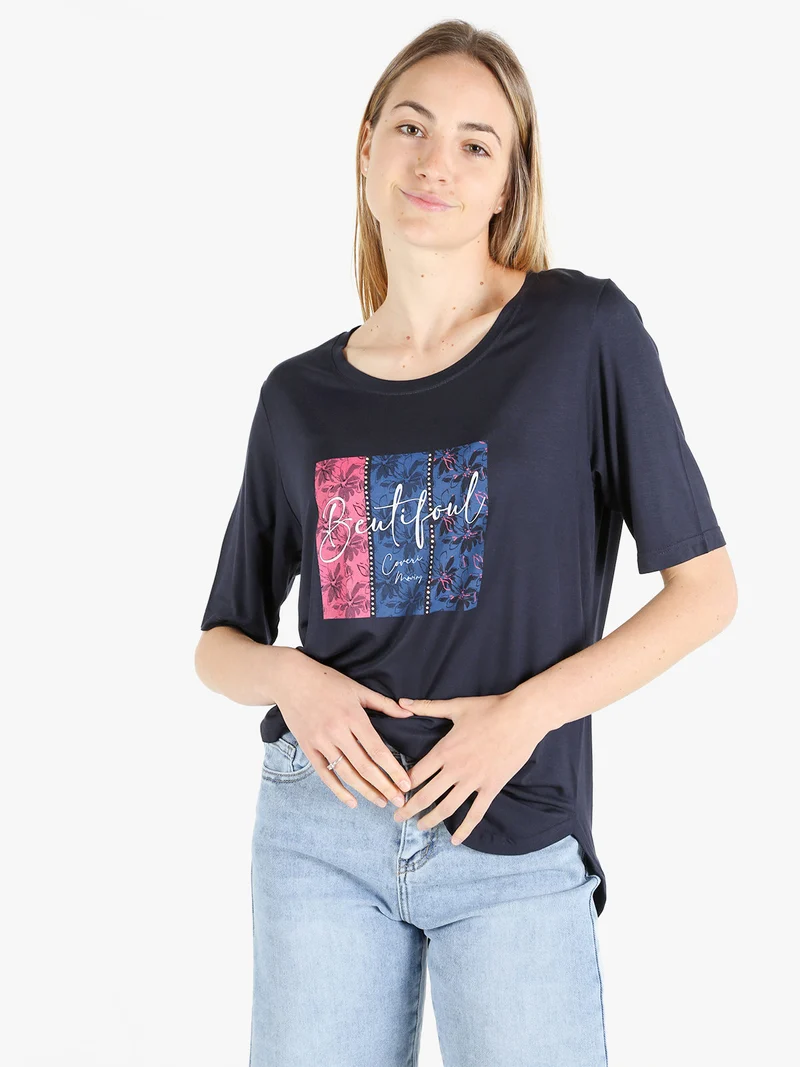 T-shirt da donna con stampa e strass - blu scuro
