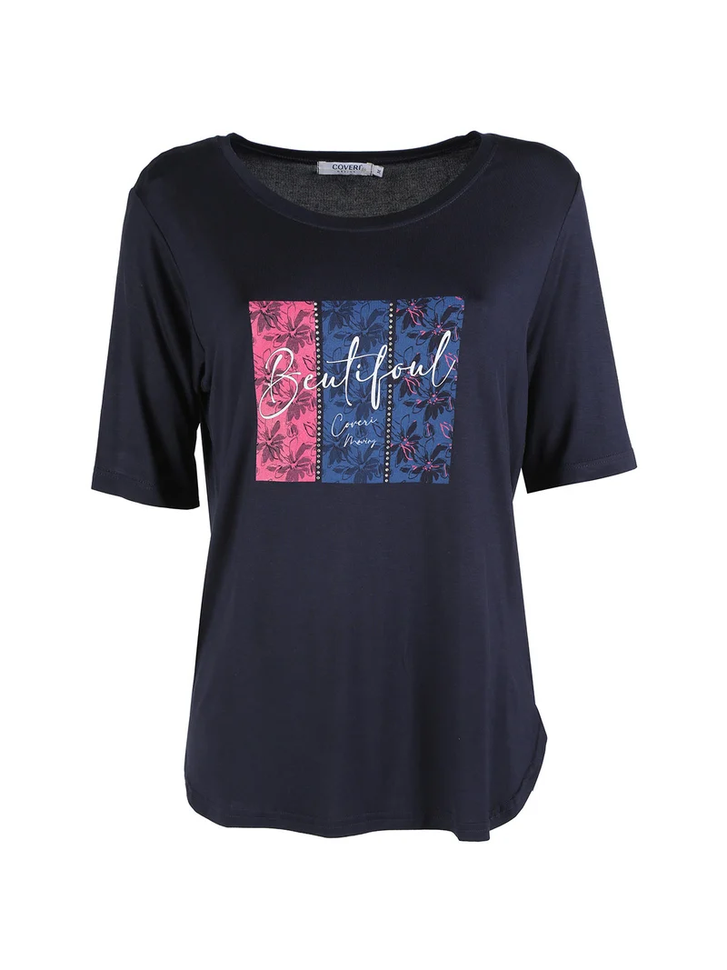 T-shirt da donna con stampa e strass - blu scuro
