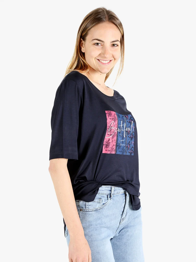 T-shirt da donna con stampa e strass - blu scuro