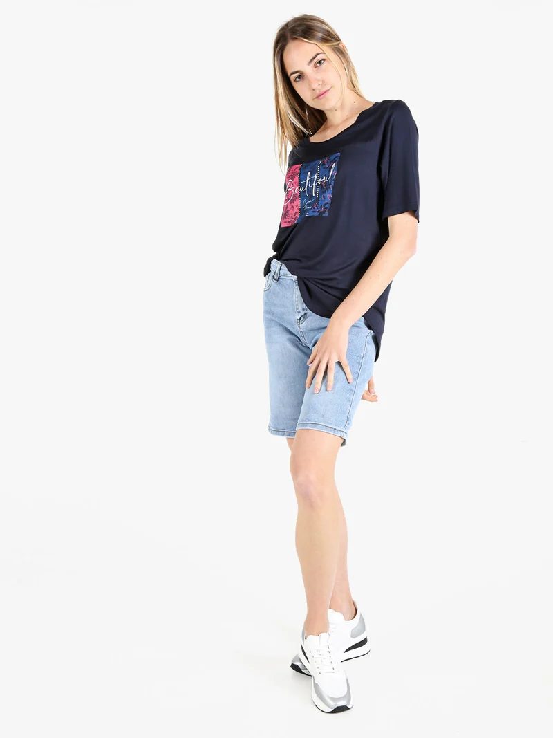 T-shirt da donna con stampa e strass - blu scuro