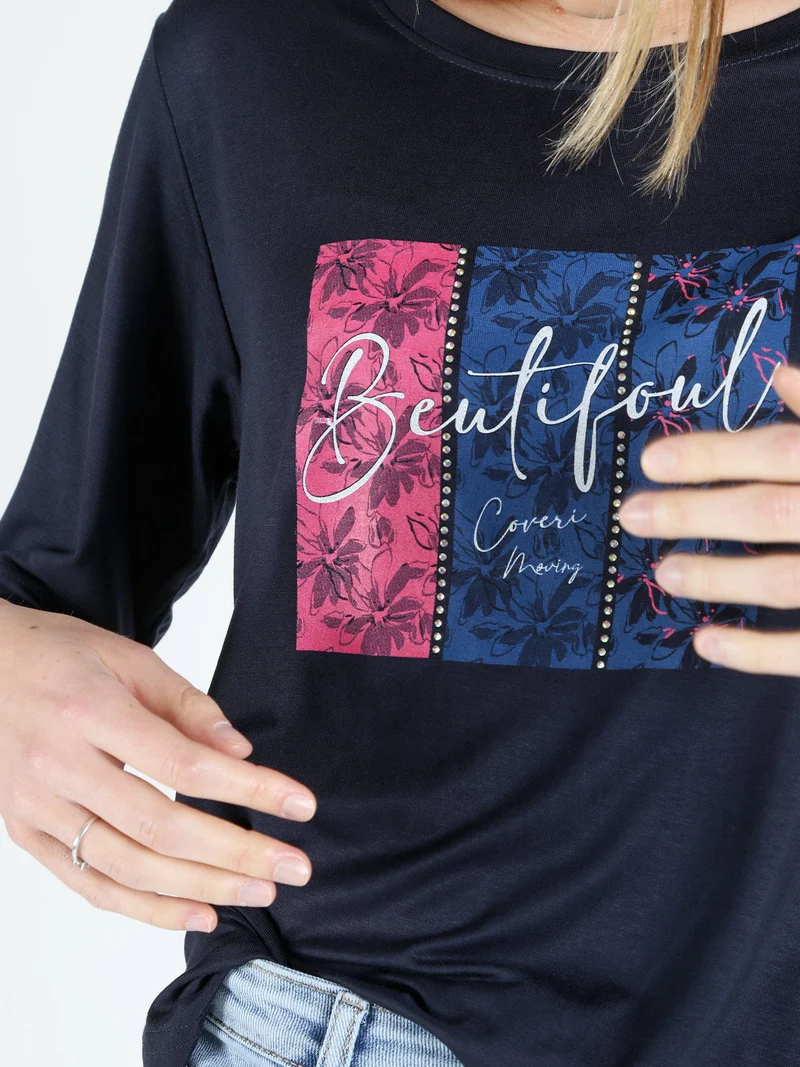 T-shirt da donna con stampa e strass - blu scuro