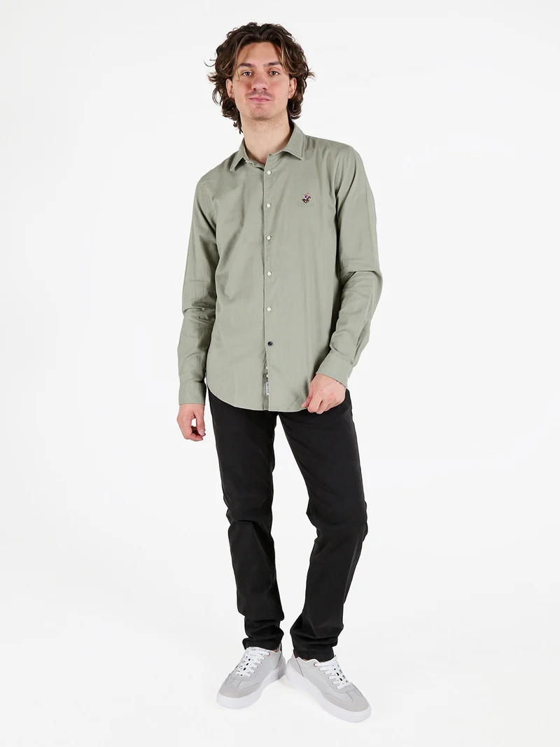 Camicia da uomo in misto lino e cotone a maniche lunghe - pistacchio