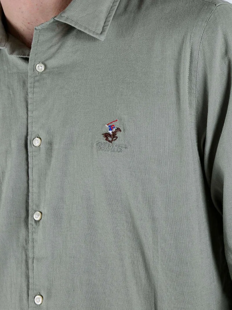 Camicia da uomo in misto lino e cotone a maniche lunghe - pistacchio
