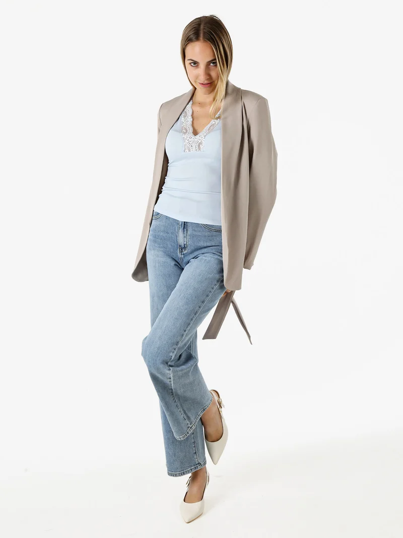 Blazer donna con spalline imbottite e fusciacca in vita - fango