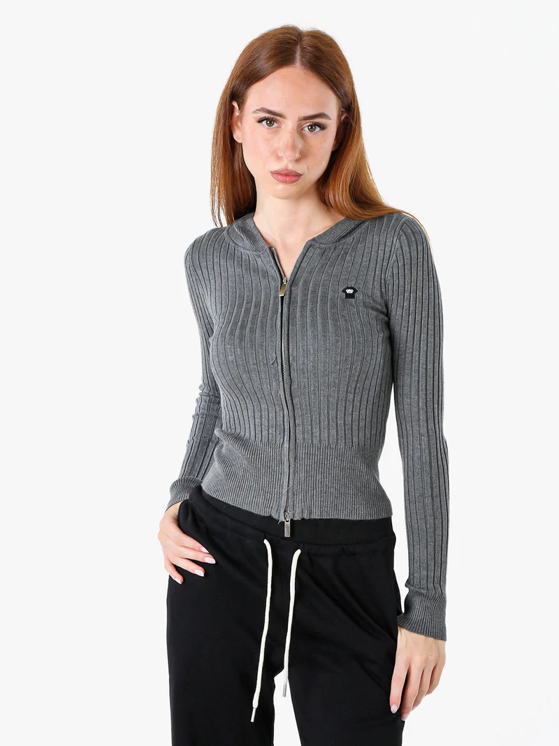 Maglia donna a coste con cappuccio e zip - grigio