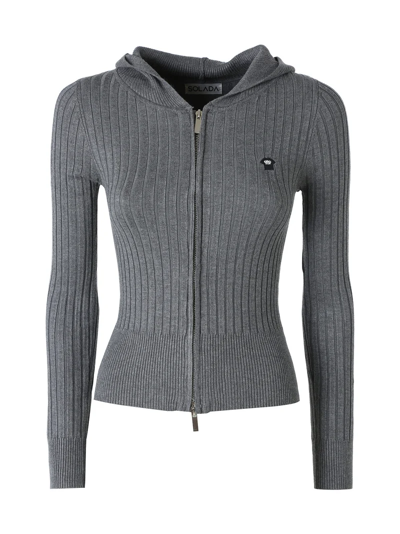 Maglia donna a coste con cappuccio e zip - grigio