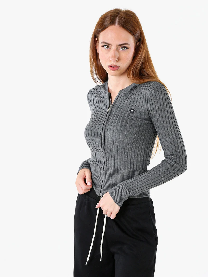 Maglia donna a coste con cappuccio e zip - grigio