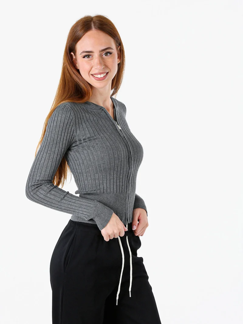 Maglia donna a coste con cappuccio e zip - grigio