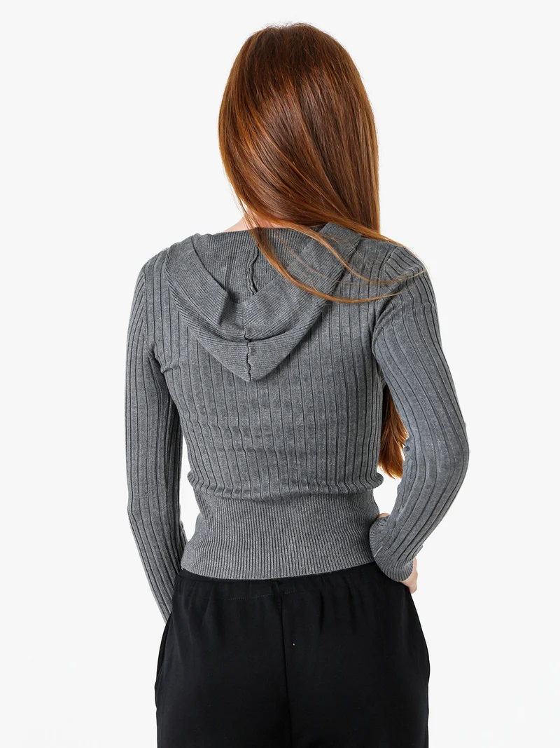 Maglia donna a coste con cappuccio e zip - grigio