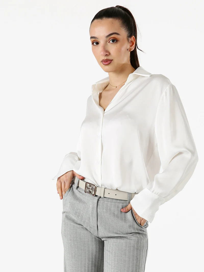 Camicia da donna effetto raso a maniche lunghe - bianco
