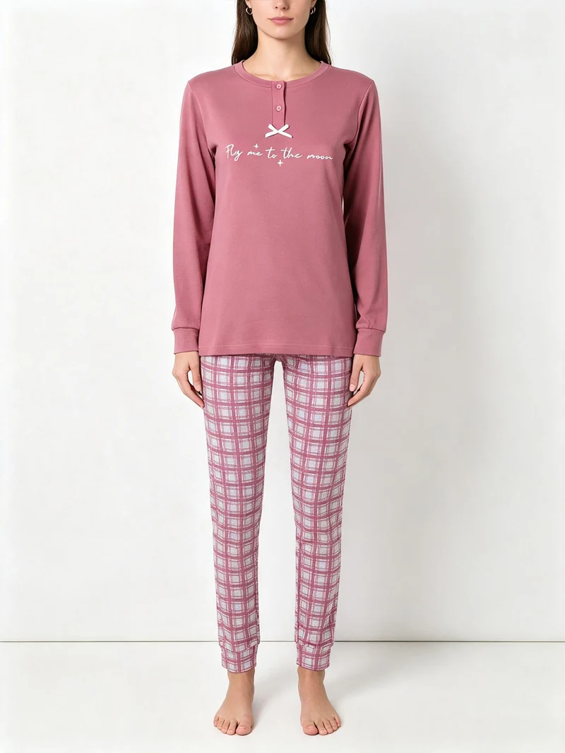 Pigiama lungo da donna in cotone interlock con pantaloni a quadri - rosa