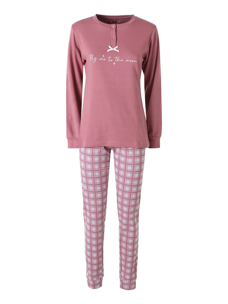 Pigiama lungo da donna in cotone interlock con pantaloni a quadri - rosa