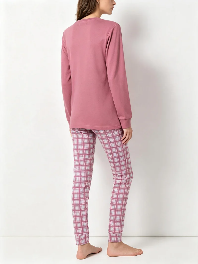 Pigiama lungo da donna in cotone interlock con pantaloni a quadri - rosa