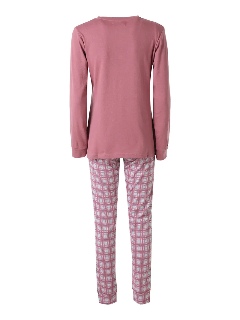Pigiama lungo da donna in cotone interlock con pantaloni a quadri - rosa