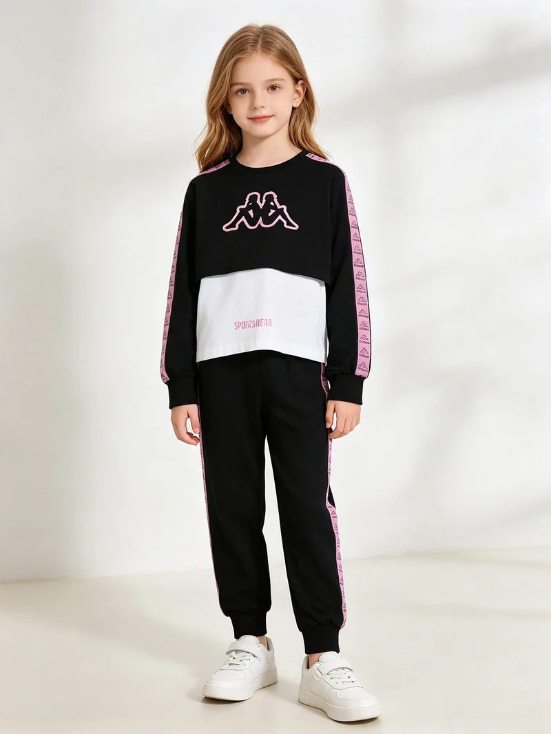 Completo da bambina 3 pezzi con felpa cropped e top con logo - nero